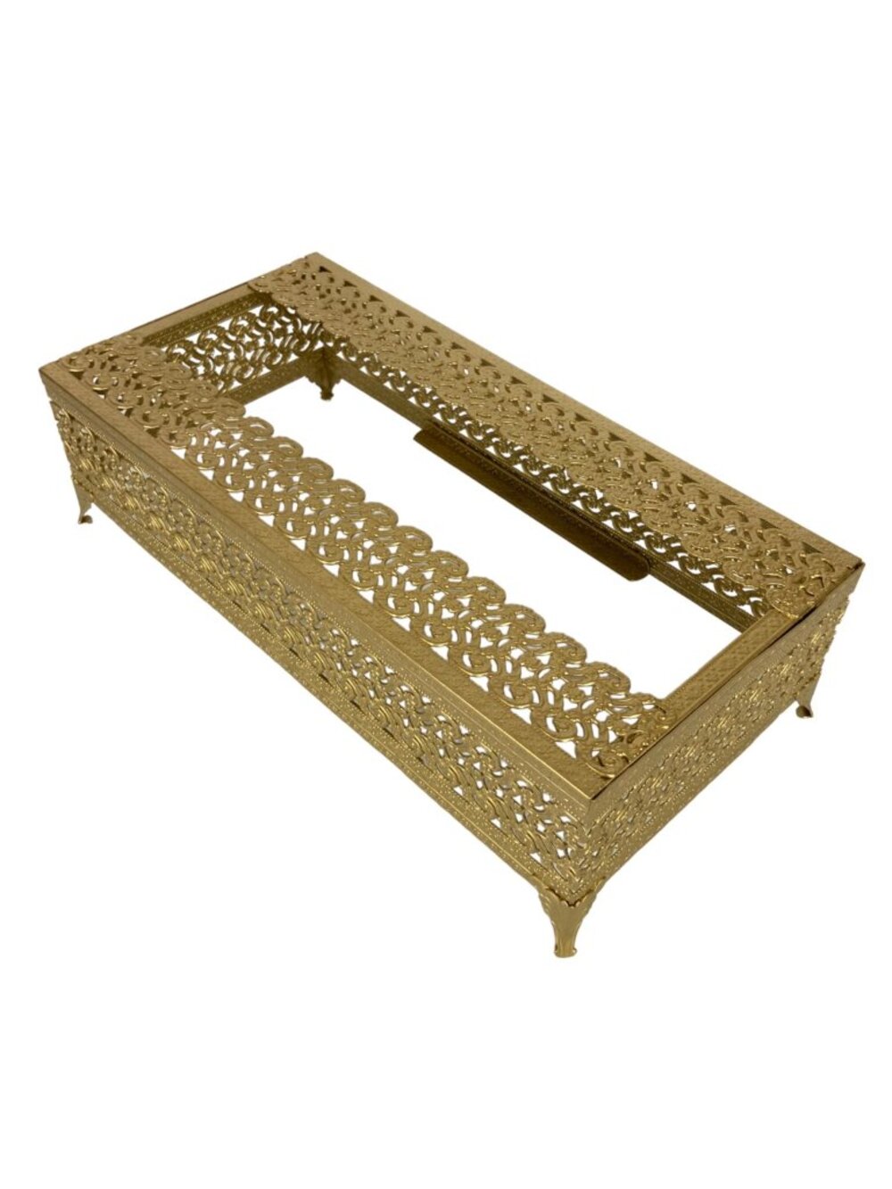 Gold Gilt Metal Filigree Tissue Box Holder Rectangular Footed Hollywood Regency